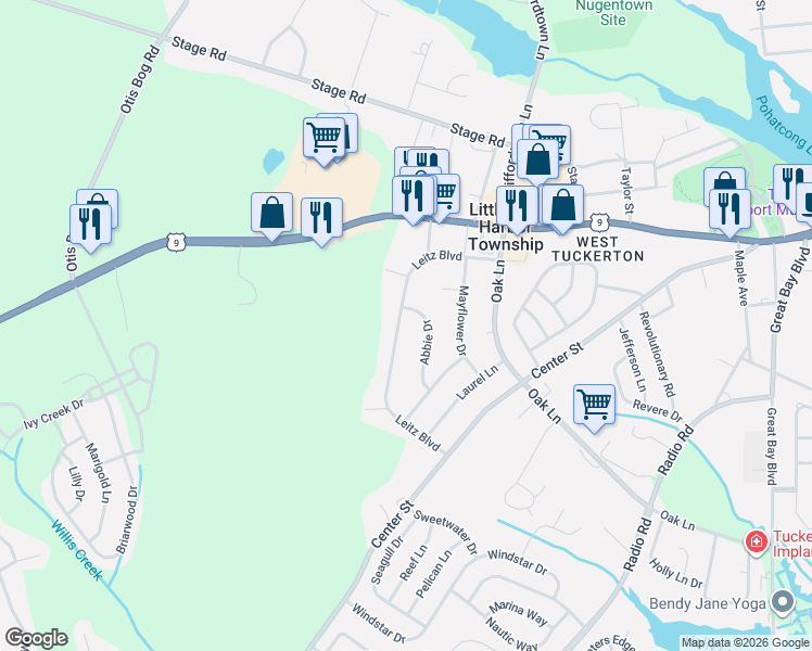 map of restaurants, bars, coffee shops, grocery stores, and more near 71 Leitz Boulevard in Little Egg Harbor Township