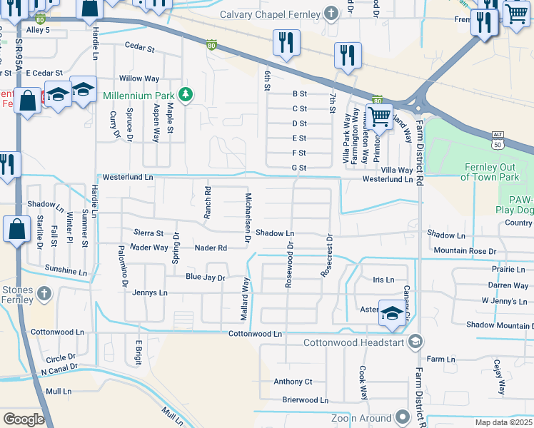 map of restaurants, bars, coffee shops, grocery stores, and more near 404 Bramble Court in Fernley