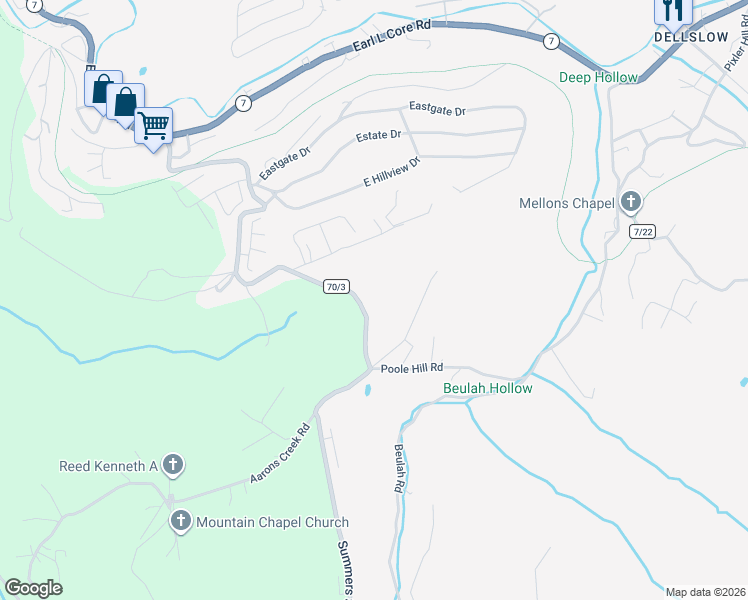 map of restaurants, bars, coffee shops, grocery stores, and more near 577 Summers School Road in Morgantown