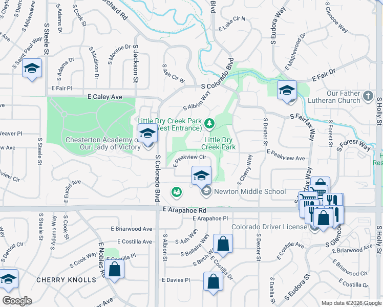 map of restaurants, bars, coffee shops, grocery stores, and more near 4237 East Peakview Circle in Centennial