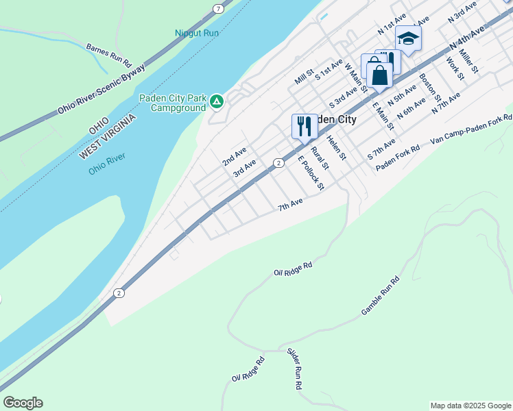 map of restaurants, bars, coffee shops, grocery stores, and more near 107-123 E Madison St in Paden City