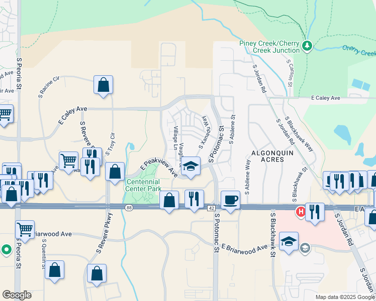 map of restaurants, bars, coffee shops, grocery stores, and more near 13595 East Carlson Drive in Englewood