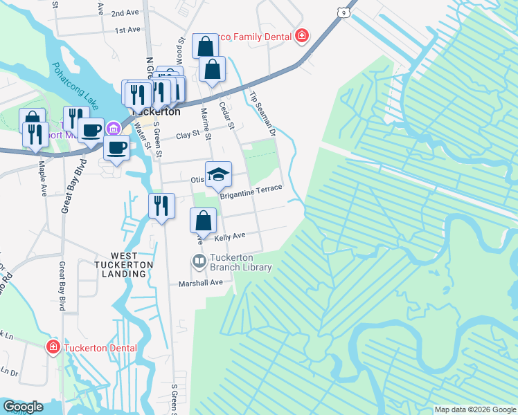 map of restaurants, bars, coffee shops, grocery stores, and more near 607 Cedar Street in Tuckerton