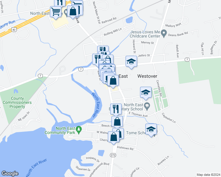 map of restaurants, bars, coffee shops, grocery stores, and more near 122 South Main Street in North East