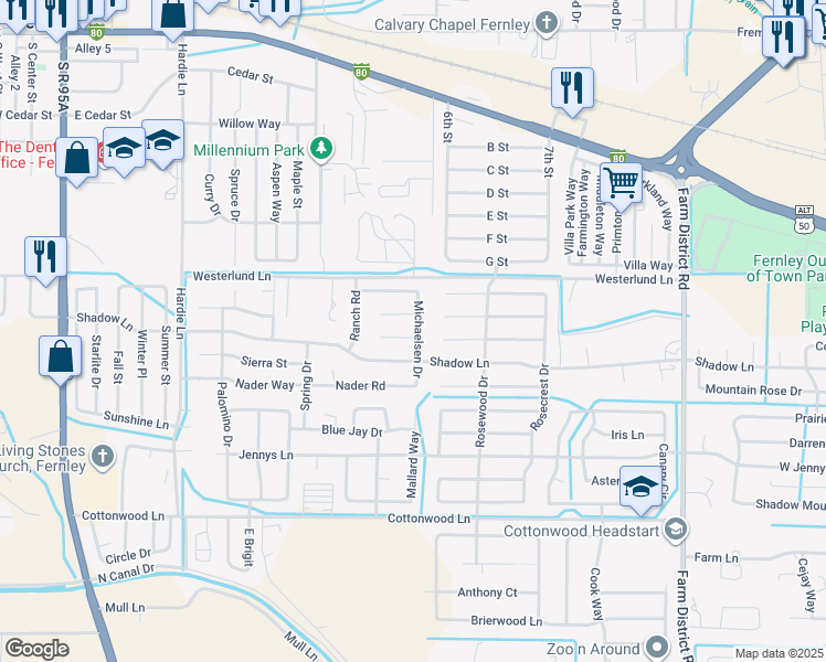 map of restaurants, bars, coffee shops, grocery stores, and more near 701 Todd Court in Fernley