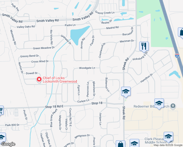 map of restaurants, bars, coffee shops, grocery stores, and more near 1292 Birchwood Way in Greenwood