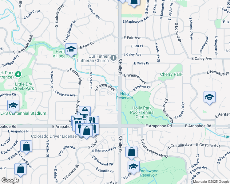 map of restaurants, bars, coffee shops, grocery stores, and more near 5589 East Peakview Avenue in Centennial