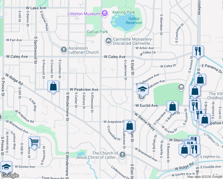 map of restaurants, bars, coffee shops, grocery stores, and more near West Peakview Avenue in Littleton