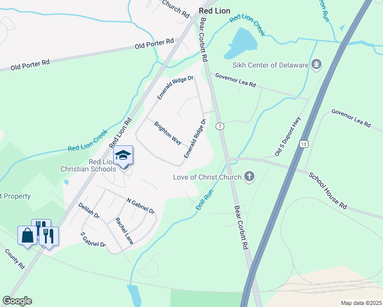 map of restaurants, bars, coffee shops, grocery stores, and more near 113 Emerald Ridge Drive in Bear