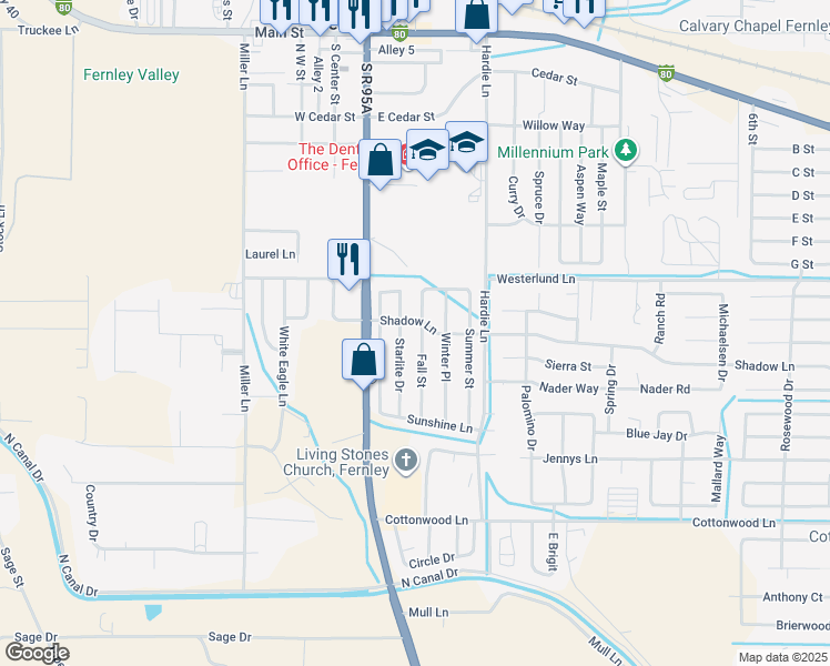 map of restaurants, bars, coffee shops, grocery stores, and more near 729 Fall Street in Fernley