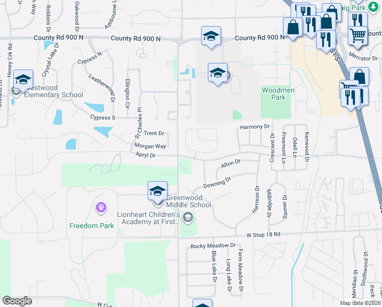 map of restaurants, bars, coffee shops, grocery stores, and more near 735 Cottage Lane in Greenwood