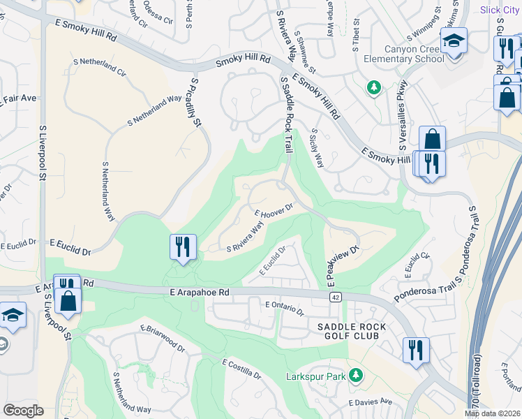 map of restaurants, bars, coffee shops, grocery stores, and more near 22045 East Hoover Drive in Aurora