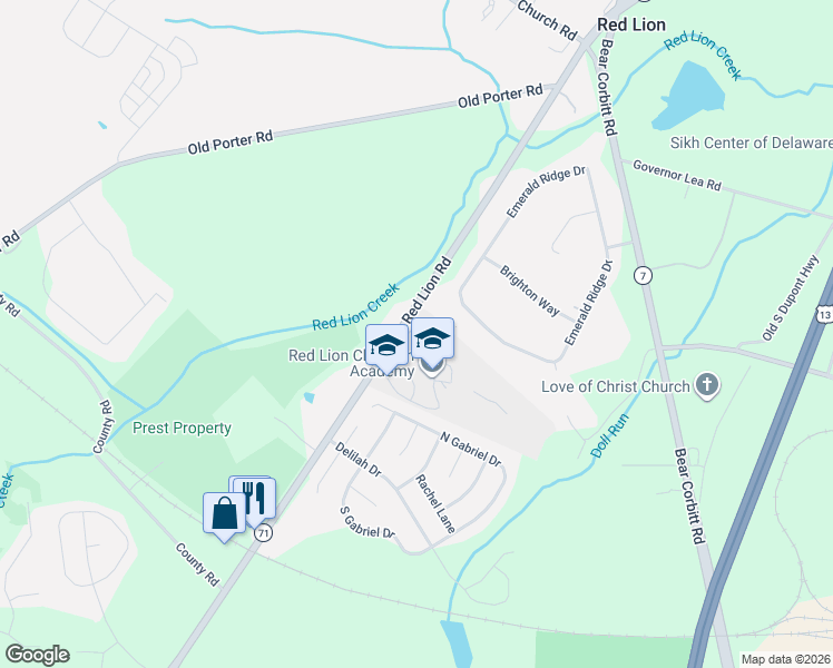 map of restaurants, bars, coffee shops, grocery stores, and more near 1324-1356 Red Lion Road in Bear