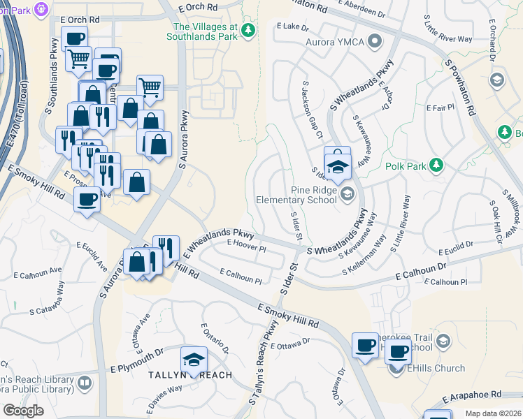 map of restaurants, bars, coffee shops, grocery stores, and more near 6515 South Harvest Street in Aurora