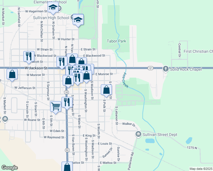 map of restaurants, bars, coffee shops, grocery stores, and more near 104 Polk Street in Sullivan