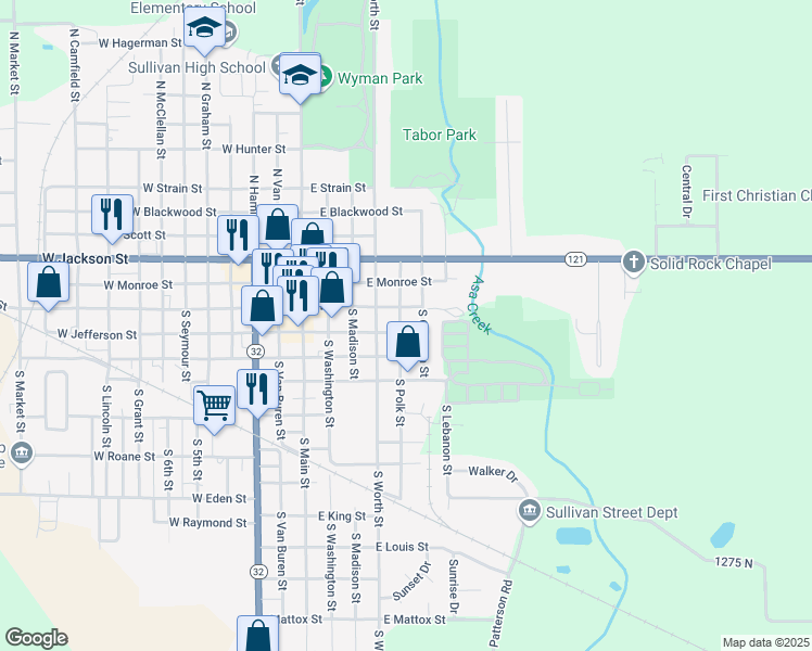 map of restaurants, bars, coffee shops, grocery stores, and more near 104 Polk Street in Sullivan