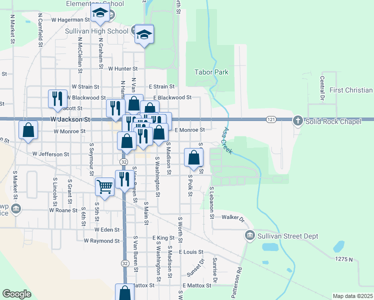 map of restaurants, bars, coffee shops, grocery stores, and more near 104 Polk Street in Sullivan