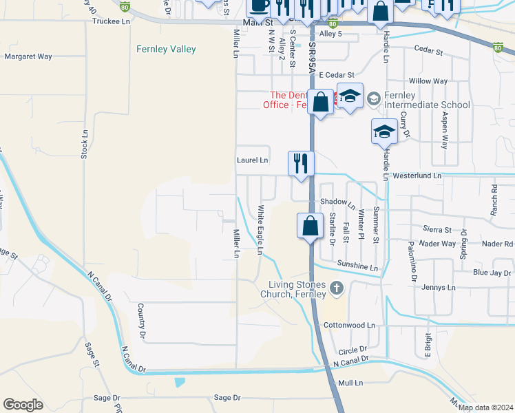 map of restaurants, bars, coffee shops, grocery stores, and more near 600 White Eagle Lane in Fernley