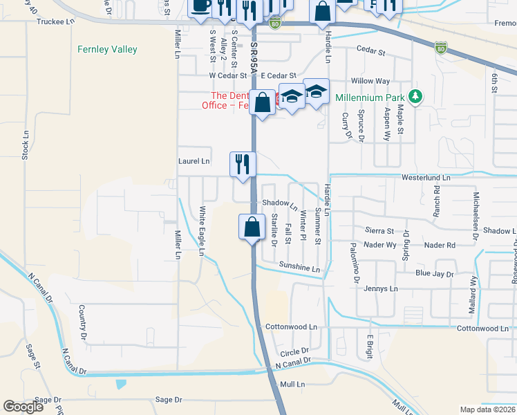 map of restaurants, bars, coffee shops, grocery stores, and more near 600 Sunny Lane in Fernley