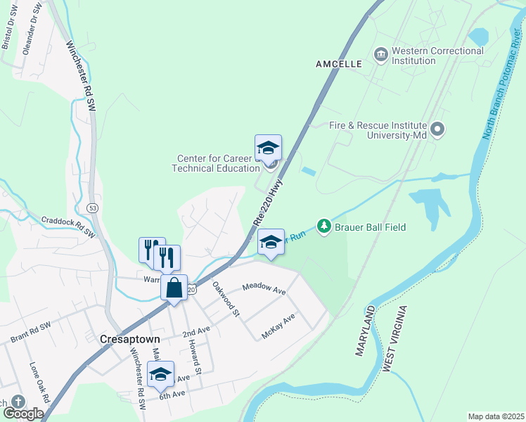 map of restaurants, bars, coffee shops, grocery stores, and more near McMullen Highway Southwest in Cumberland