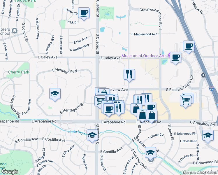 map of restaurants, bars, coffee shops, grocery stores, and more near 6565 South Syracuse Way in Centennial