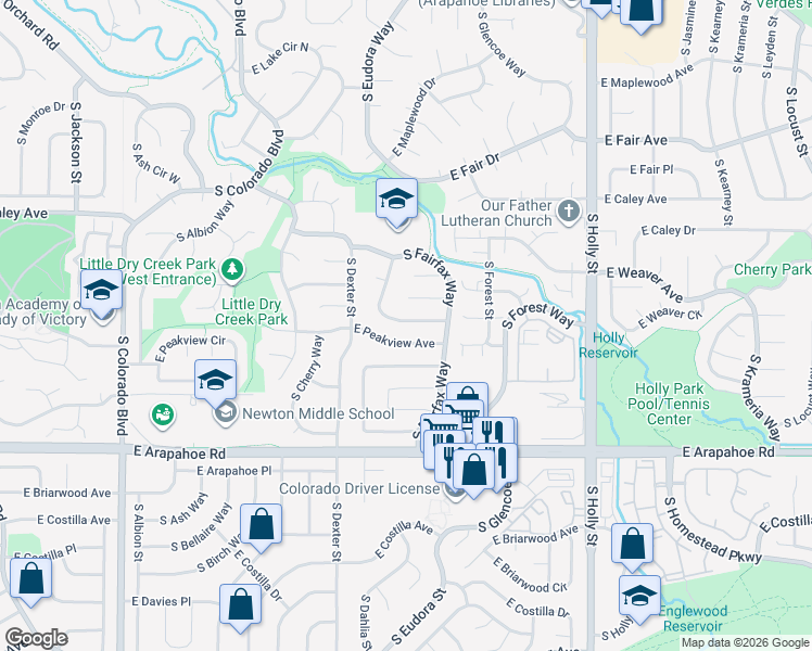 map of restaurants, bars, coffee shops, grocery stores, and more near 6441 South Eudora Way in Centennial