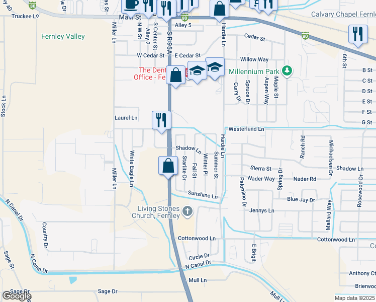 map of restaurants, bars, coffee shops, grocery stores, and more near 640 Starlite Drive in Fernley