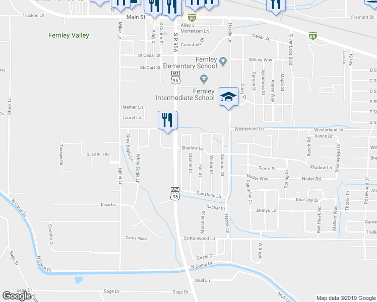 map of restaurants, bars, coffee shops, grocery stores, and more near 640 Starlite Drive in Fernley