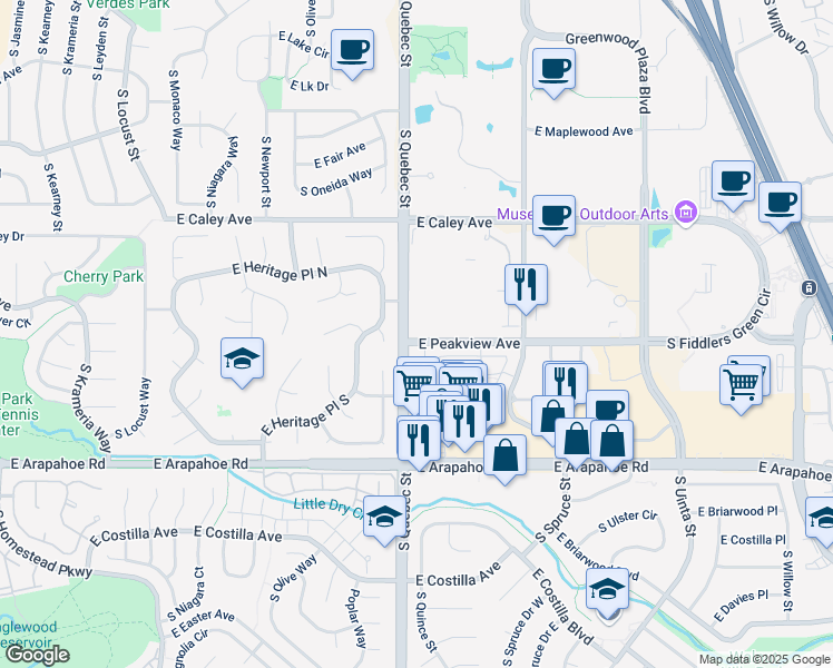 map of restaurants, bars, coffee shops, grocery stores, and more near 6500 South Quebec Street in Centennial