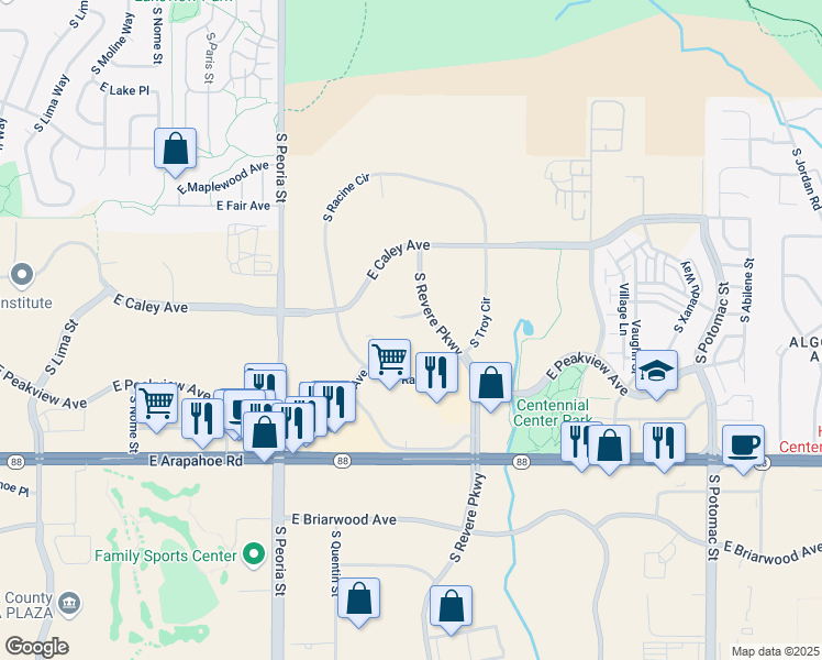 map of restaurants, bars, coffee shops, grocery stores, and more near 12484 East Weaver Place in Englewood
