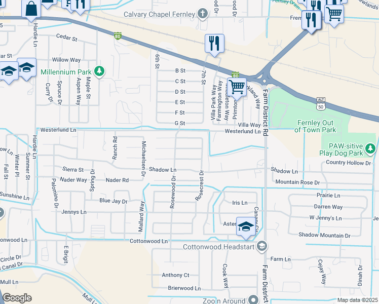map of restaurants, bars, coffee shops, grocery stores, and more near 327 Wildrose Drive in Fernley