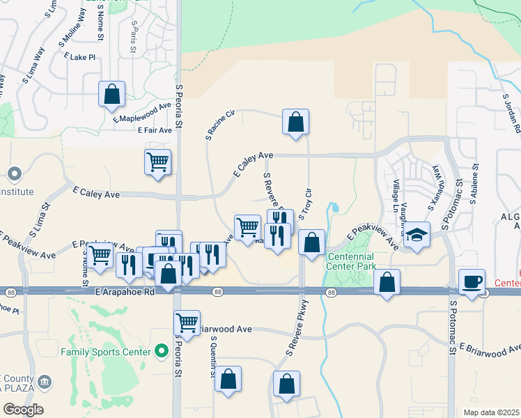 map of restaurants, bars, coffee shops, grocery stores, and more near 12484 East Weaver Place in Englewood