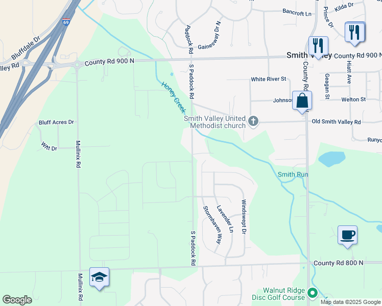 map of restaurants, bars, coffee shops, grocery stores, and more near 1100 South Paddock Road in Greenwood