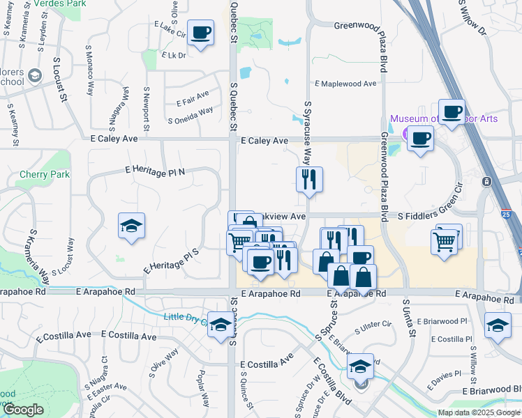 map of restaurants, bars, coffee shops, grocery stores, and more near 6565 South Syracuse Way in Centennial