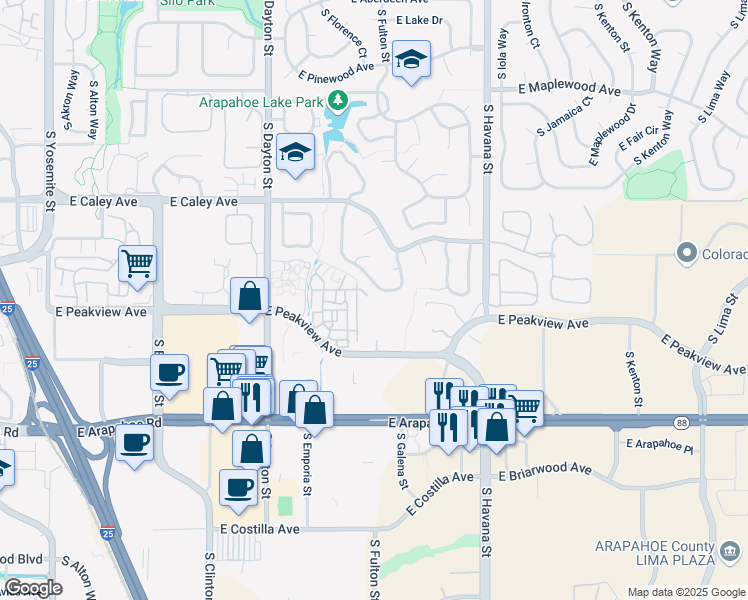 map of restaurants, bars, coffee shops, grocery stores, and more near 10185 East Peakview Avenue in Englewood