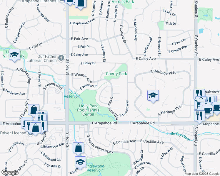 map of restaurants, bars, coffee shops, grocery stores, and more near 6205 East Peakview Place in Centennial