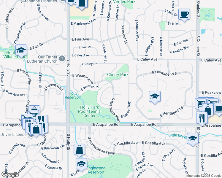 map of restaurants, bars, coffee shops, grocery stores, and more near 6205 East Peakview Place in Centennial