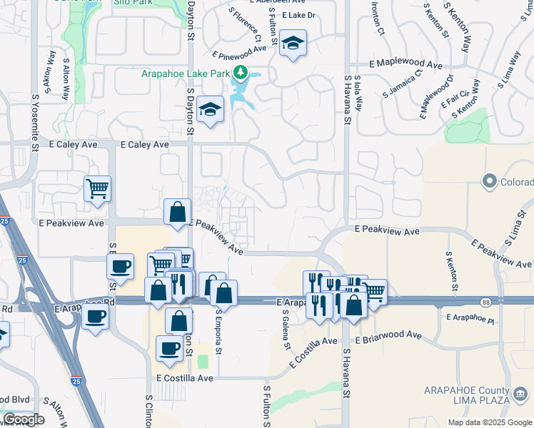 map of restaurants, bars, coffee shops, grocery stores, and more near 10185 East Peakview Avenue in Englewood