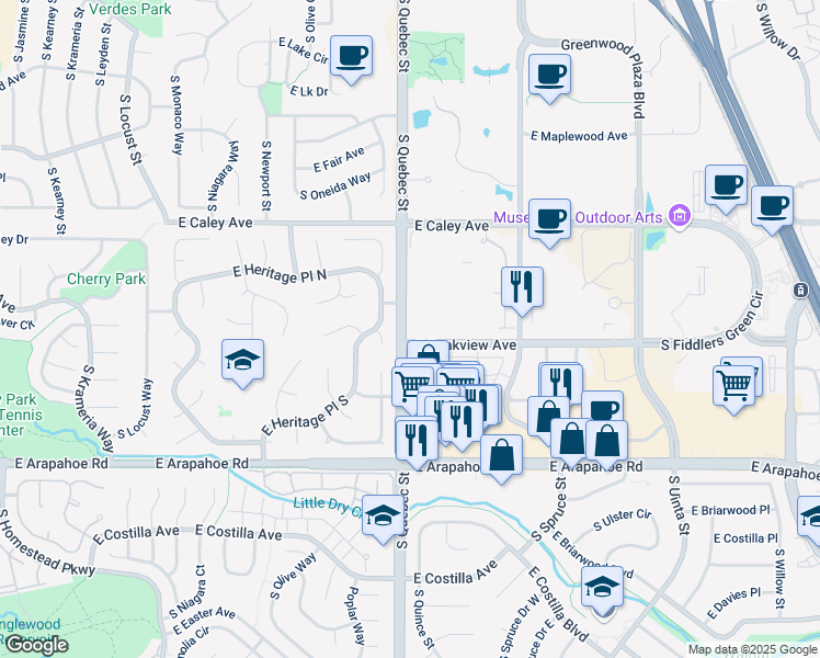 map of restaurants, bars, coffee shops, grocery stores, and more near 6500 South Quebec Street in Centennial
