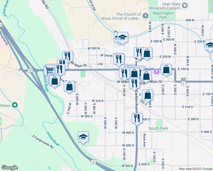 map of restaurants, bars, coffee shops, grocery stores, and more near 119 South 300 West in Price