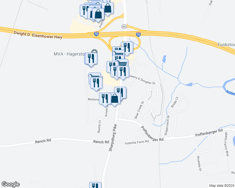 map of restaurants, bars, coffee shops, grocery stores, and more near 10402 Sharpsburg Pike in Hagerstown
