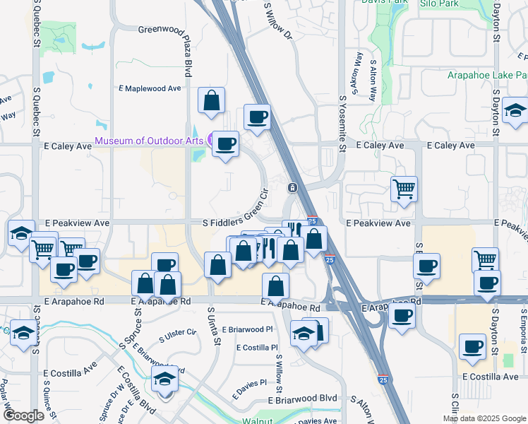 map of restaurants, bars, coffee shops, grocery stores, and more near 6400 South Fiddlers Green Circle in Greenwood Village