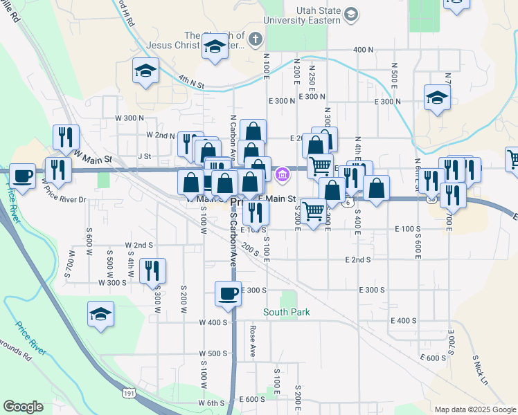 map of restaurants, bars, coffee shops, grocery stores, and more near 78 East Main Street in Price