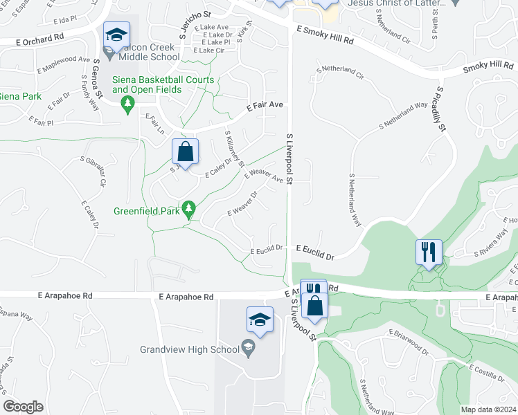 map of restaurants, bars, coffee shops, grocery stores, and more near 20734 East Peakview Place in Aurora