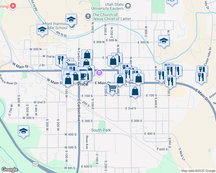map of restaurants, bars, coffee shops, grocery stores, and more near 200 East Main Street in Price