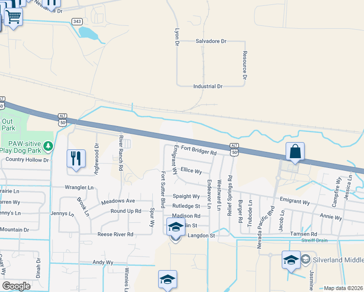map of restaurants, bars, coffee shops, grocery stores, and more near 362 Emigrant Way in Fernley