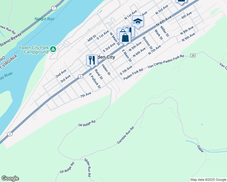 map of restaurants, bars, coffee shops, grocery stores, and more near 1979 County Road 1/6 in Paden City