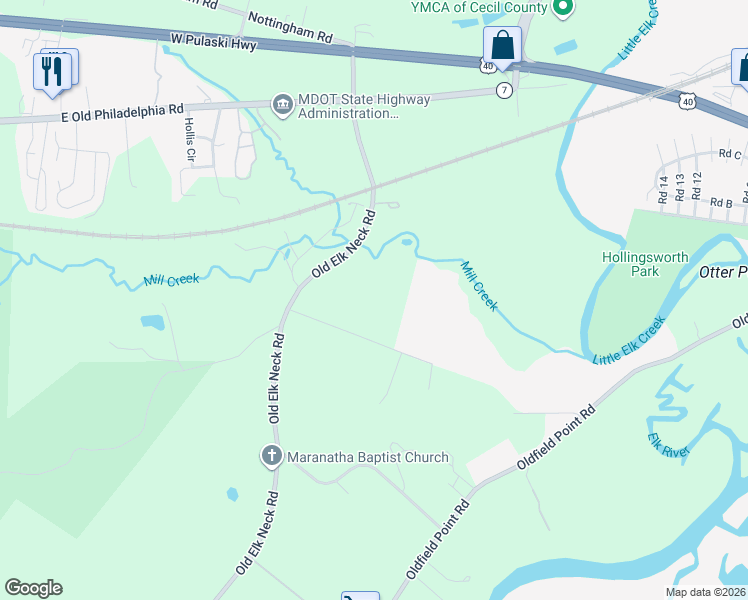 map of restaurants, bars, coffee shops, grocery stores, and more near 103 Otter Point Road in Elkton