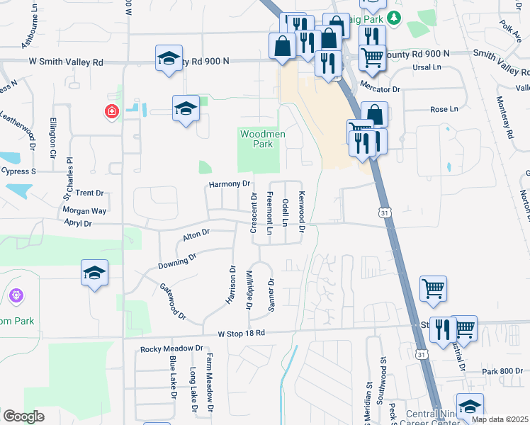 map of restaurants, bars, coffee shops, grocery stores, and more near 1310 Freemont Lane in Greenwood