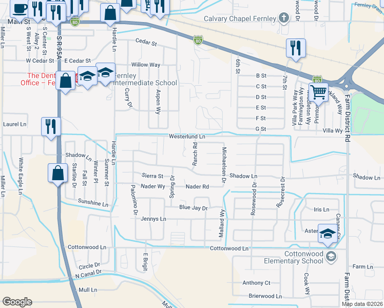 map of restaurants, bars, coffee shops, grocery stores, and more near 596 Ranch Road in Fernley